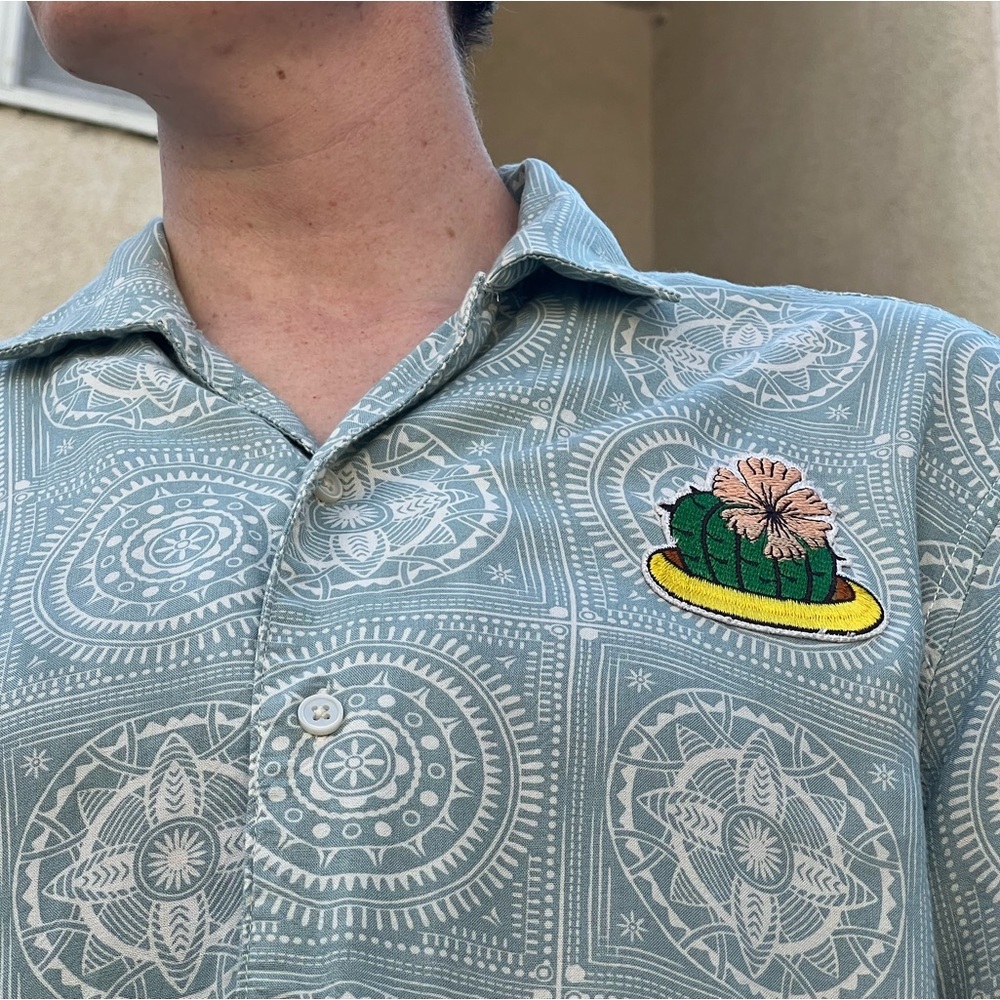 Upcycled Arizona brand light blue button up with cacti patch proving its kenough